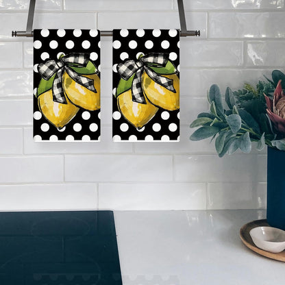 Summer Kitchen Towels 18x26 Inch Set of 2 Lemon Dots Dish Towels Farmhouse Seasonal Decorative Hand Cloths for Kitchen Decoration Black