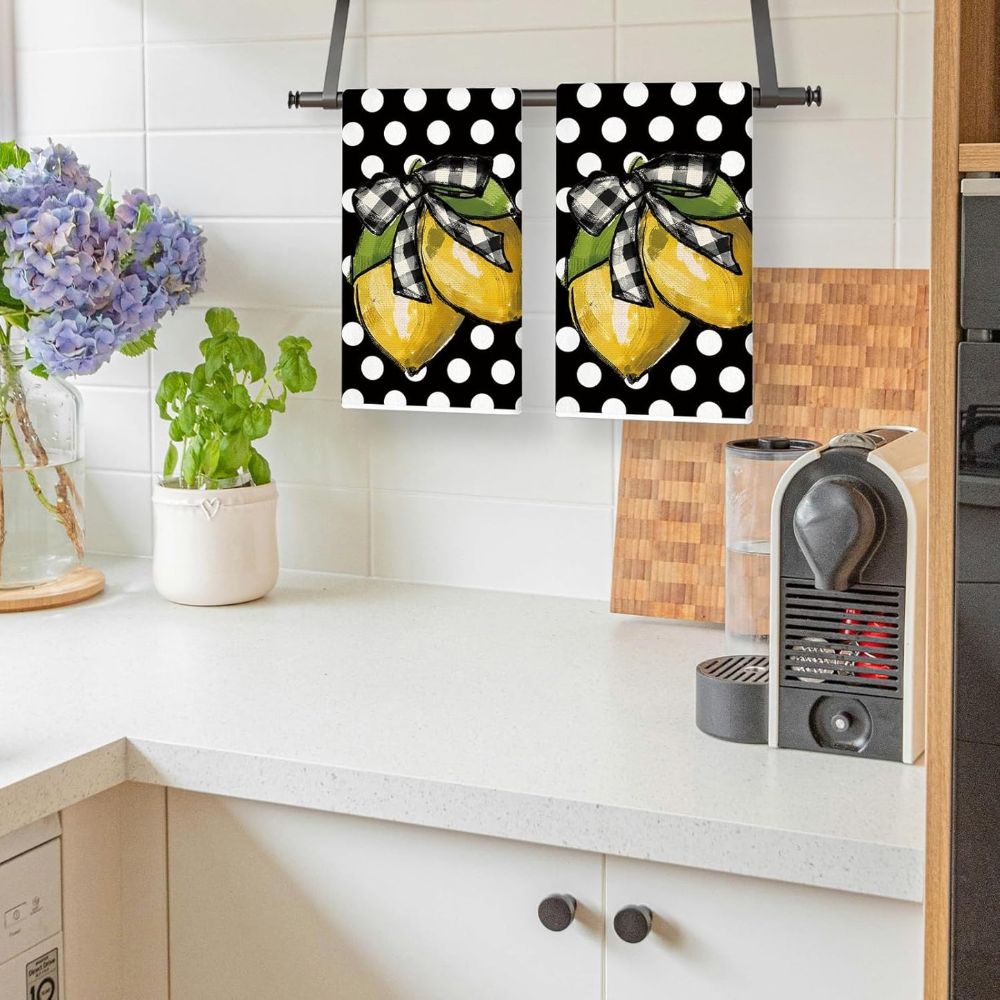 Summer Kitchen Towels 18x26 Inch Set of 2 Lemon Dots Dish Towels Farmhouse Seasonal Decorative Hand Cloths for Kitchen Decoration Black