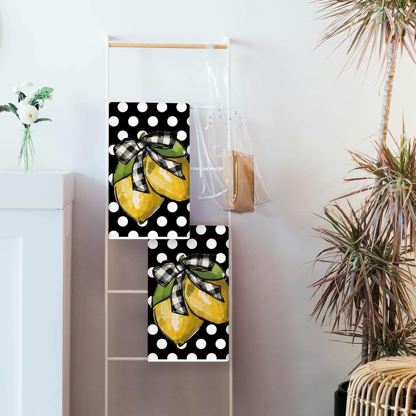Summer Kitchen Towels 18x26 Inch Set of 2 Lemon Dots Dish Towels Farmhouse Seasonal Decorative Hand Cloths for Kitchen Decoration Black