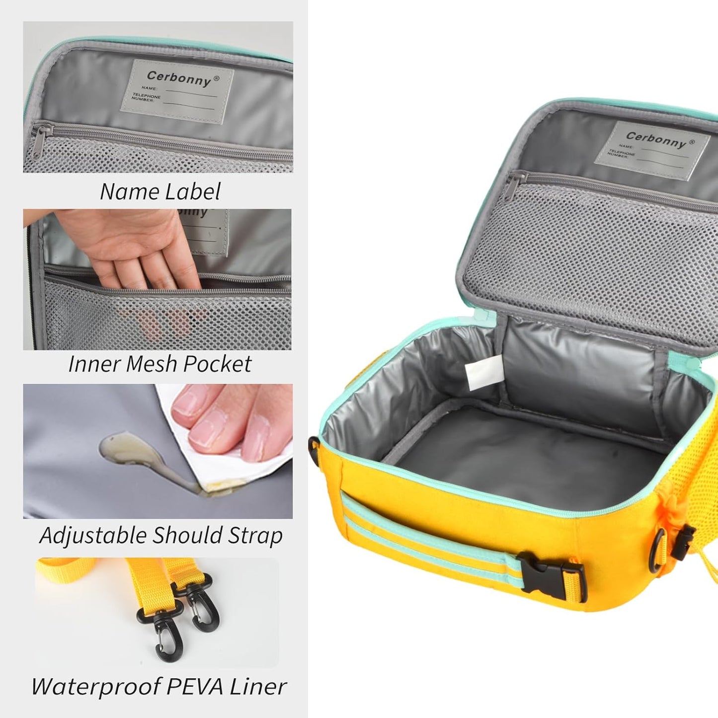 Kids Lunch Box, Yellow-3, Unisex, Polyester, With Insulation, Easy-clean, Multiple Carrying Options, Big Capacity, Lightweight, Quality Guaranteed