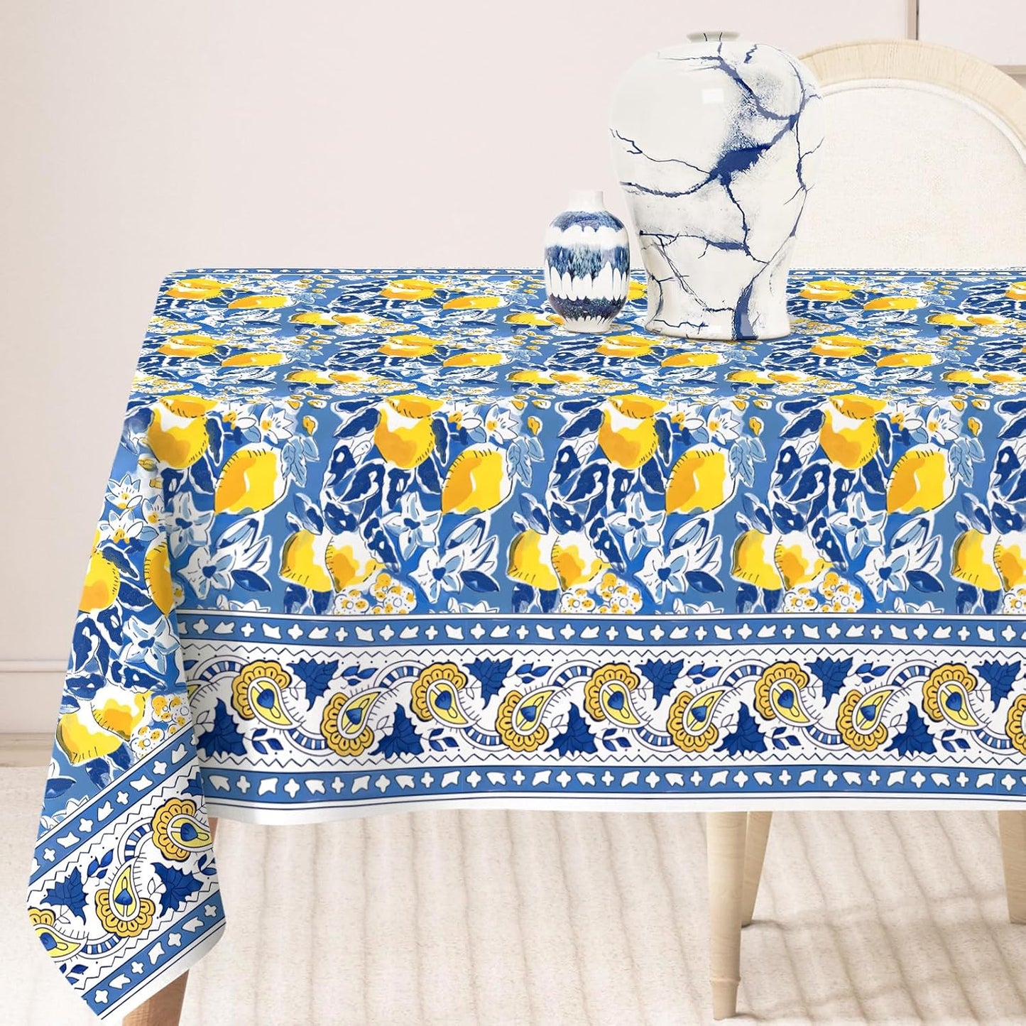 Summer Lemon Tablecloth 60 x 104 Inch Mediterranean Blue Yellow Lemon Table Cover Vintage Rectangle Table Cloth for Spring Kitchen Dining Picnic