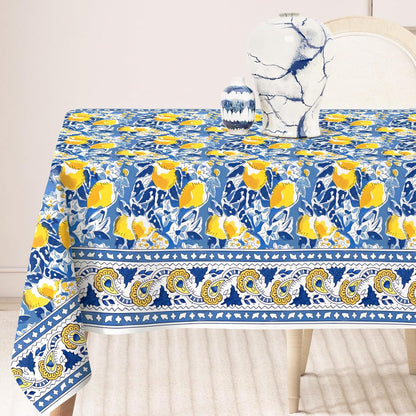 Summer Lemon Tablecloth 60 x 104 Inch Mediterranean Blue Yellow Lemon Table Cover Vintage Rectangle Table Cloth for Spring Kitchen Dining Picnic