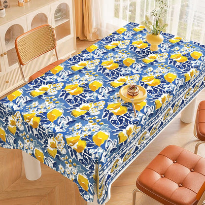 Summer Lemon Tablecloth 60 x 104 Inch Mediterranean Blue Yellow Lemon Table Cover Vintage Rectangle Table Cloth for Spring Kitchen Dining Picnic