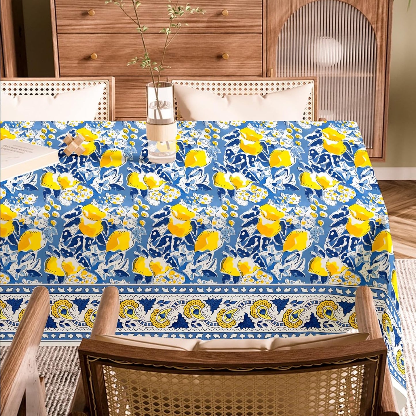 Summer Lemon Tablecloth 60 x 104 Inch Mediterranean Blue Yellow Lemon Table Cover Vintage Rectangle Table Cloth for Spring Kitchen Dining Picnic
