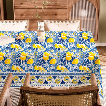 Summer Lemon Tablecloth 60 x 104 Inch Mediterranean Blue Yellow Lemon Table Cover Vintage Rectangle Table Cloth for Spring Kitchen Dining Picnic