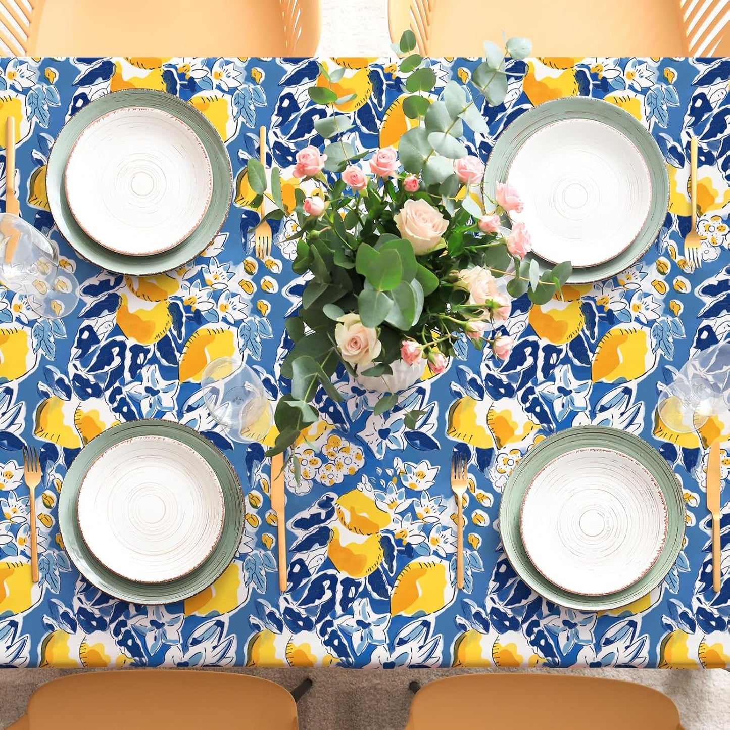 Summer Lemon Tablecloth 60 x 104 Inch Mediterranean Blue Yellow Lemon Table Cover Vintage Rectangle Table Cloth for Spring Kitchen Dining Picnic