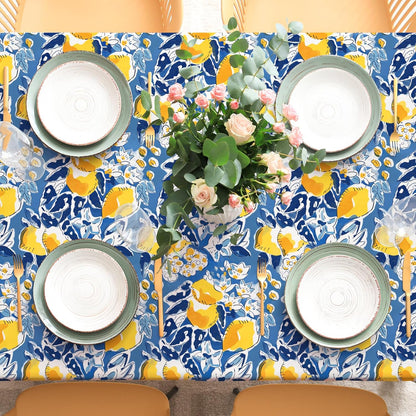 Summer Lemon Tablecloth 60 x 104 Inch Mediterranean Blue Yellow Lemon Table Cover Vintage Rectangle Table Cloth for Spring Kitchen Dining Picnic