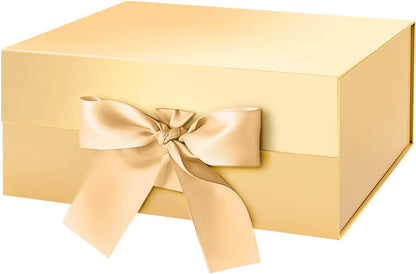Gift Box with Ribbon 9x6.5x3.8 Inches, Bridesmaid Proposal Boxes with Lid , Magnetic Gold Gift Box for Presents (Glossy Gold)