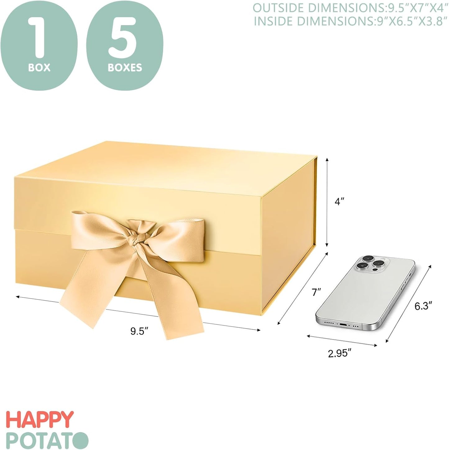 Gift Box with Ribbon 9x6.5x3.8 Inches, Bridesmaid Proposal Boxes with Lid , Magnetic Gold Gift Box for Presents (Glossy Gold)