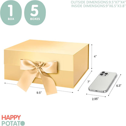 Gift Box with Ribbon 9x6.5x3.8 Inches, Bridesmaid Proposal Boxes with Lid , Magnetic Gold Gift Box for Presents (Glossy Gold)