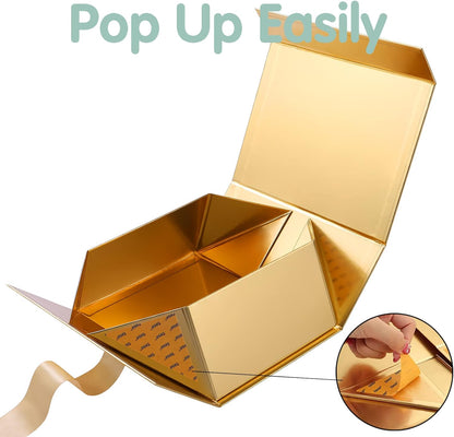 Gift Box with Ribbon 9x6.5x3.8 Inches, Bridesmaid Proposal Boxes with Lid , Magnetic Gold Gift Box for Presents (Glossy Gold)