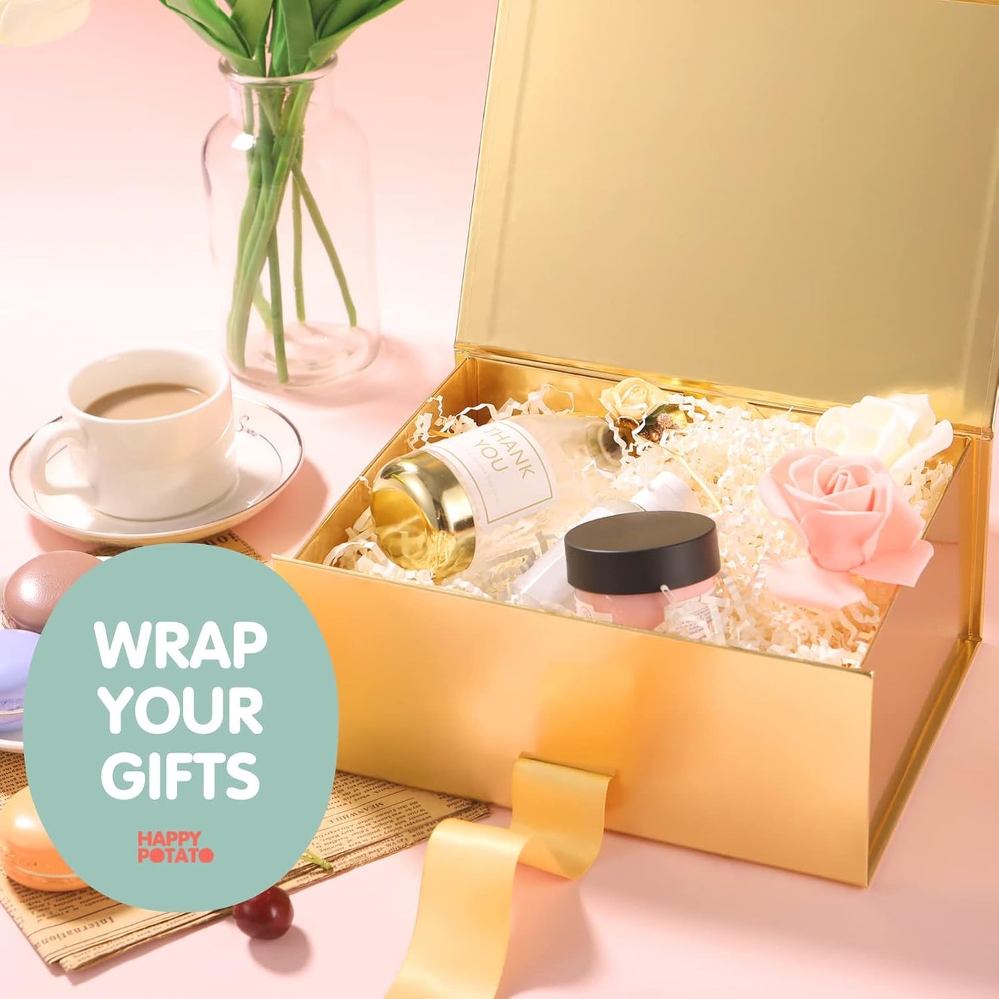 Gift Box with Ribbon 9x6.5x3.8 Inches, Bridesmaid Proposal Boxes with Lid , Magnetic Gold Gift Box for Presents (Glossy Gold)