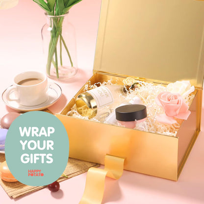 Gift Box with Ribbon 9x6.5x3.8 Inches, Bridesmaid Proposal Boxes with Lid , Magnetic Gold Gift Box for Presents (Glossy Gold)