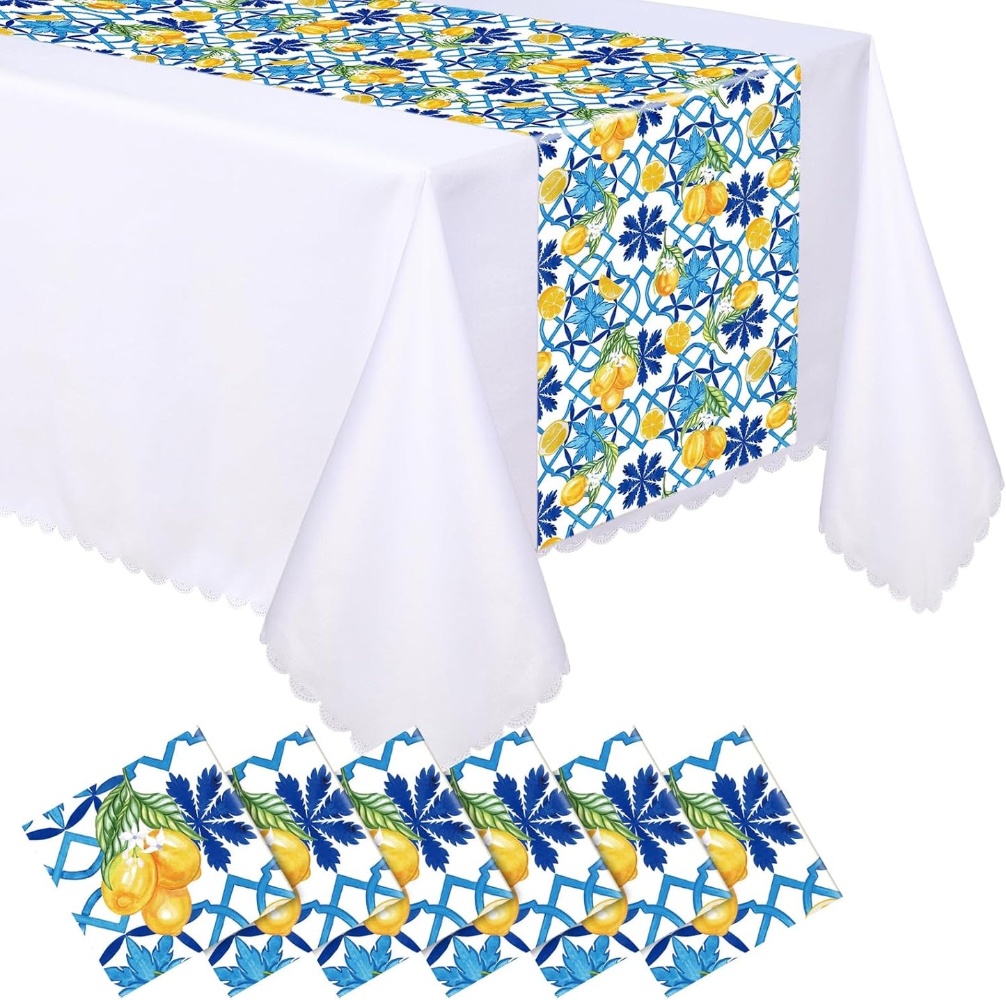 6 Pcs Capri Lemon Party Table Runners Italian Tile Lemon Tablecloth 14 x 108 Inches Disposable Plastic Table Runner for Summer Wedding Lemonade Birthday Party Supplies Home Decor(Stylish)