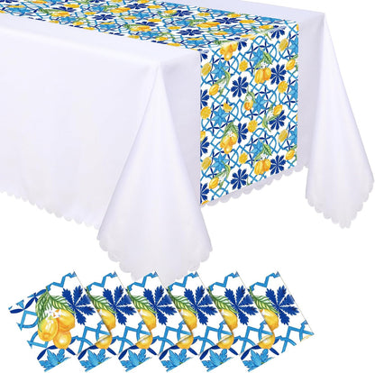 6 Pcs Capri Lemon Party Table Runners Italian Tile Lemon Tablecloth 14 x 108 Inches Disposable Plastic Table Runner for Summer Wedding Lemonade Birthday Party Supplies Home Decor(Stylish)