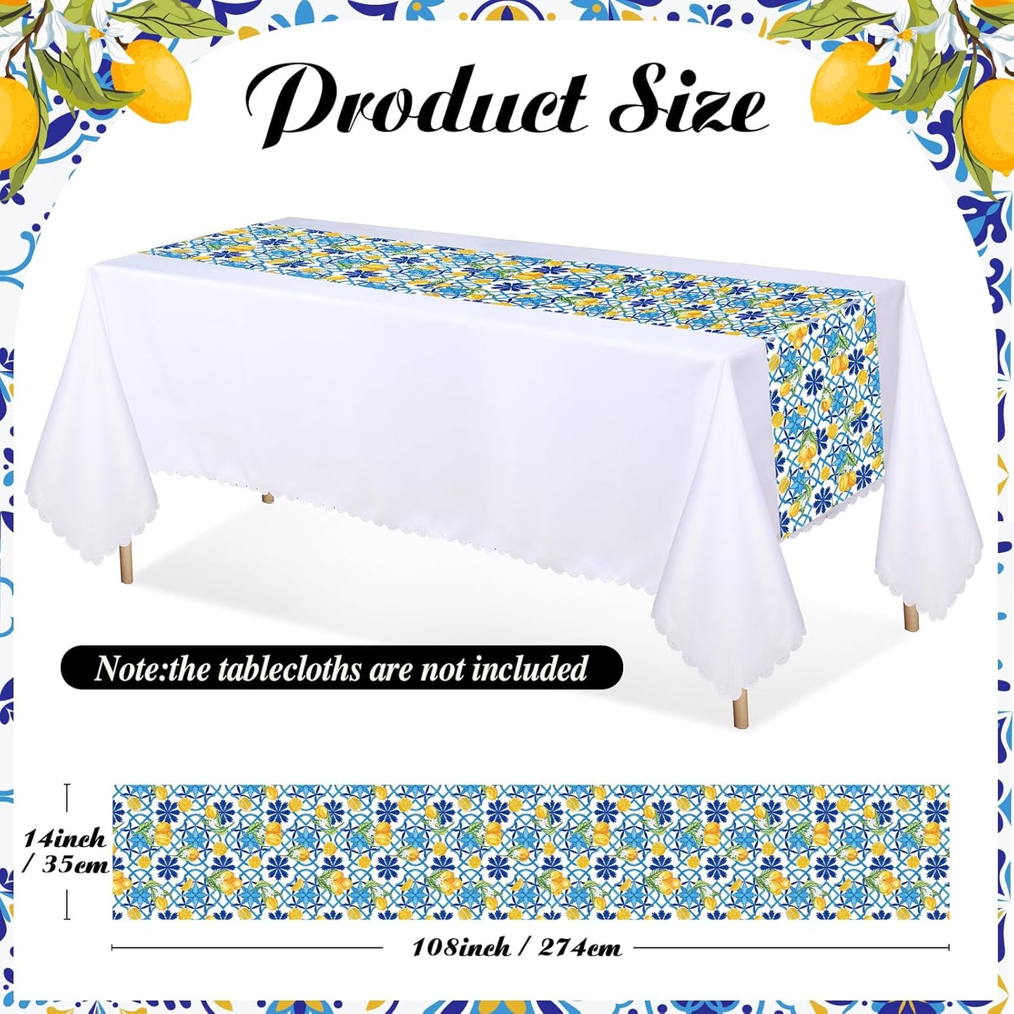 6 Pcs Capri Lemon Party Table Runners Italian Tile Lemon Tablecloth 14 x 108 Inches Disposable Plastic Table Runner for Summer Wedding Lemonade Birthday Party Supplies Home Decor(Stylish)