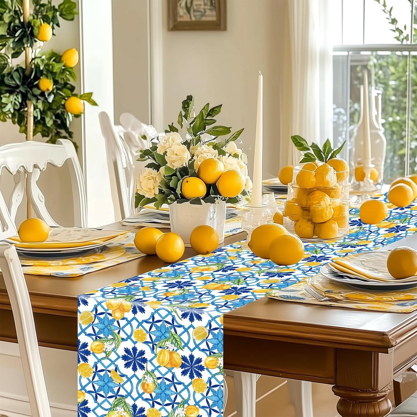 6 Pcs Capri Lemon Party Table Runners Italian Tile Lemon Tablecloth 14 x 108 Inches Disposable Plastic Table Runner for Summer Wedding Lemonade Birthday Party Supplies Home Decor(Stylish)