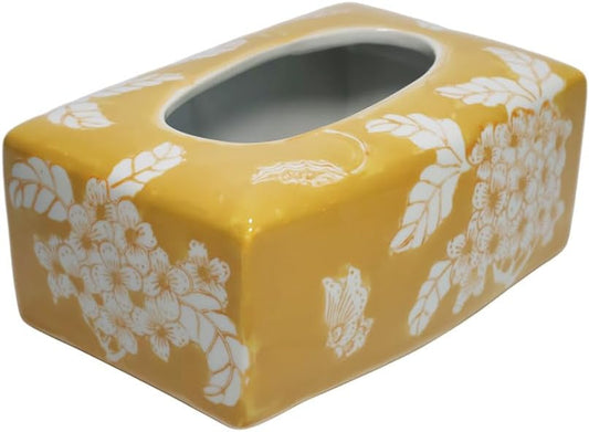 Vintage Yellow Ceramic Rectangular Heavy Facial Tissue Box Cover, Napkin Box Holder Decorative Dresser Accessories for Bathroom, Vanity, Kitchen Countertop, Bedroom Night Stands, Office Desk Top