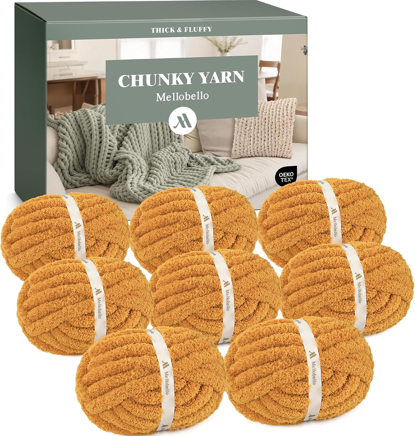 Jumbo Chunky Yarn for Hand Knitting - Super Thick Chenille Chunky Yarn for Crocheting - Extra Soft Bulky Fluffy Blanket Big Yarn 8 Jumbo Pack (26yds,8 oz Each Skein) Mustard Yellow