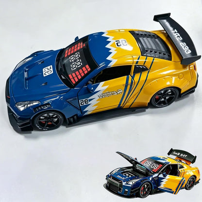 Sports Car Style Alarm Clock with LED Display & Digital Time, Pull-Back Toy Car with Light, Sound & Mist Effects, Modern Bedside & Desk Decor (Yellow and Blue)
