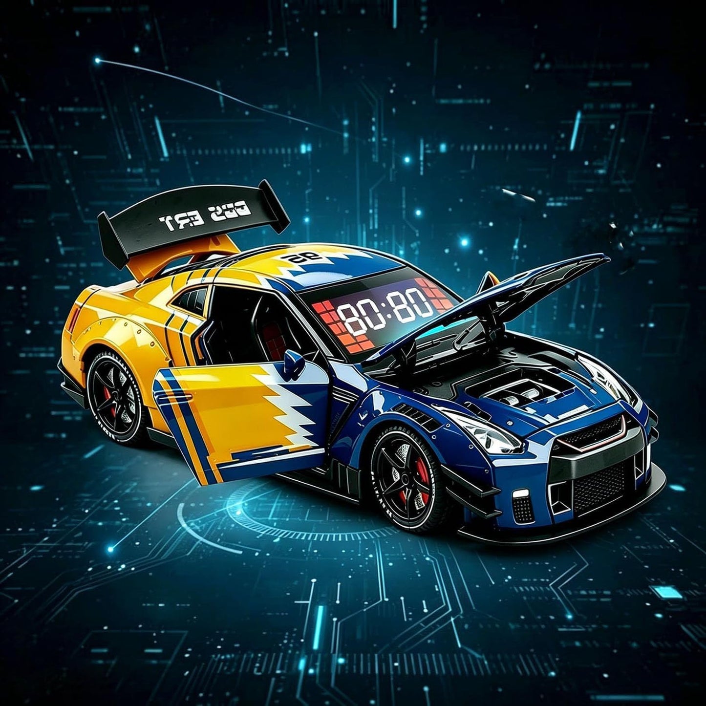 Sports Car Style Alarm Clock with LED Display & Digital Time, Pull-Back Toy Car with Light, Sound & Mist Effects, Modern Bedside & Desk Decor (Yellow and Blue)