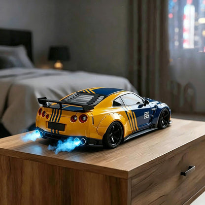 Sports Car Style Alarm Clock with LED Display & Digital Time, Pull-Back Toy Car with Light, Sound & Mist Effects, Modern Bedside & Desk Decor (Yellow and Blue)