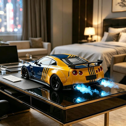 Sports Car Style Alarm Clock with LED Display & Digital Time, Pull-Back Toy Car with Light, Sound & Mist Effects, Modern Bedside & Desk Decor (Yellow and Blue)
