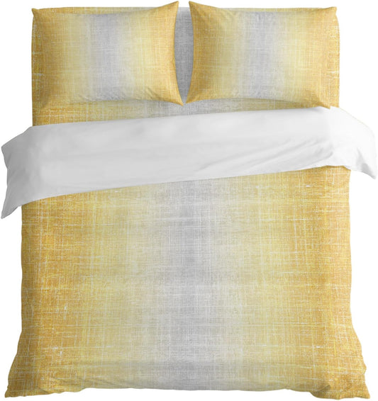 Vintage Lemon Yellow Gray Duvet Cover Twin Size Bedding Set 4 Pieces, 1 Comforter/Quilt Cover and 2 Pillow Covers with Zipper Closure, 1 Bed Printed Flat Sheet Abstract Linen Texture Modern
