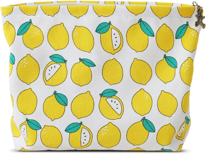 Large Makeup Bag Travel Cosmetic Pouch, Cute Lemon | Logo-Free, Customizable DIY Pouch, Wide Opending, Zipper Closure, Canvas Exterior, lined, Stands Upright