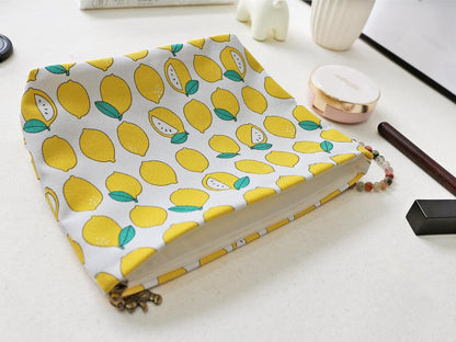 Large Makeup Bag Travel Cosmetic Pouch, Cute Lemon | Logo-Free, Customizable DIY Pouch, Wide Opending, Zipper Closure, Canvas Exterior, lined, Stands Upright