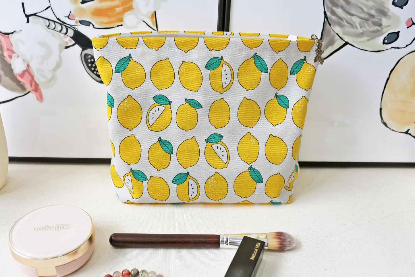 Large Makeup Bag Travel Cosmetic Pouch, Cute Lemon | Logo-Free, Customizable DIY Pouch, Wide Opending, Zipper Closure, Canvas Exterior, lined, Stands Upright