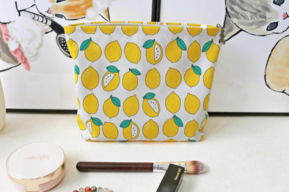 Large Makeup Bag Travel Cosmetic Pouch, Cute Lemon | Logo-Free, Customizable DIY Pouch, Wide Opending, Zipper Closure, Canvas Exterior, lined, Stands Upright