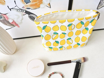 Large Makeup Bag Travel Cosmetic Pouch, Cute Lemon | Logo-Free, Customizable DIY Pouch, Wide Opending, Zipper Closure, Canvas Exterior, lined, Stands Upright