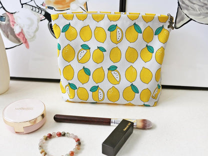 Large Makeup Bag Travel Cosmetic Pouch, Cute Lemon | Logo-Free, Customizable DIY Pouch, Wide Opending, Zipper Closure, Canvas Exterior, lined, Stands Upright