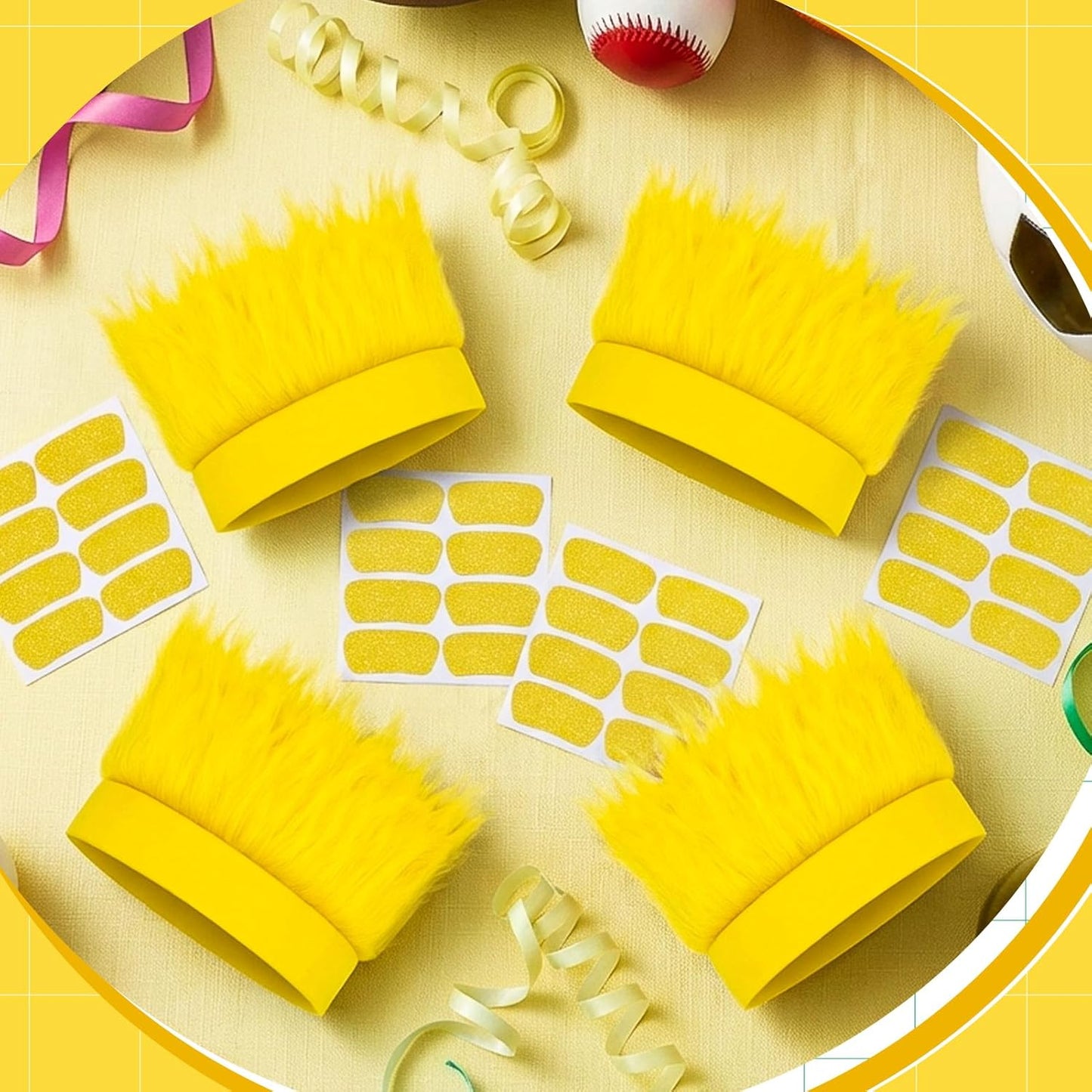 4 Pack Hairy Headband Crazy Hair Wigs with Stickers,Troll Hair Costume Accessories for Adults and Teens, Party Supplies Yellow