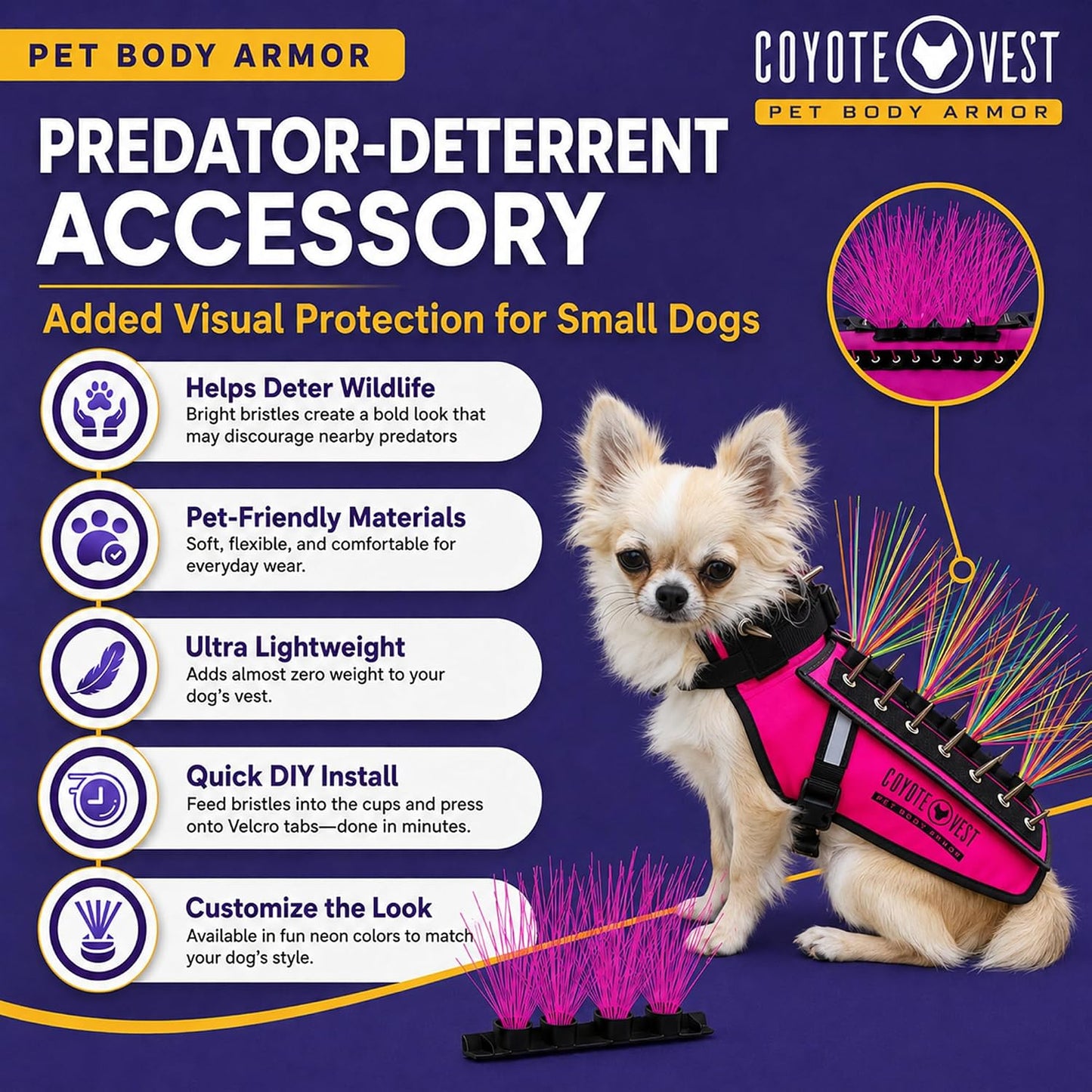 Coyotewhiskers Protective Nylon Dog Harness Bristles, Yellow | Nylon Bristles for or Spikevest Help Deter Coyotes, Aggressive Dogs and Birds of Prey Dog Accessory Made in USA