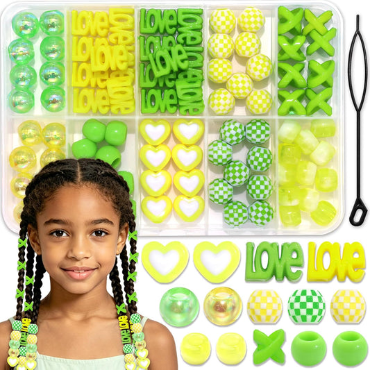 88PCS Green Yellow Hair Beads for Braids Assorted Beads for Hair | Cute Braids Bead,10 Styles Beads for Hair,Acrylic Round Pony Beads,Cute Girls Hair Beads,Loc Dreadlock Accessories for Girls