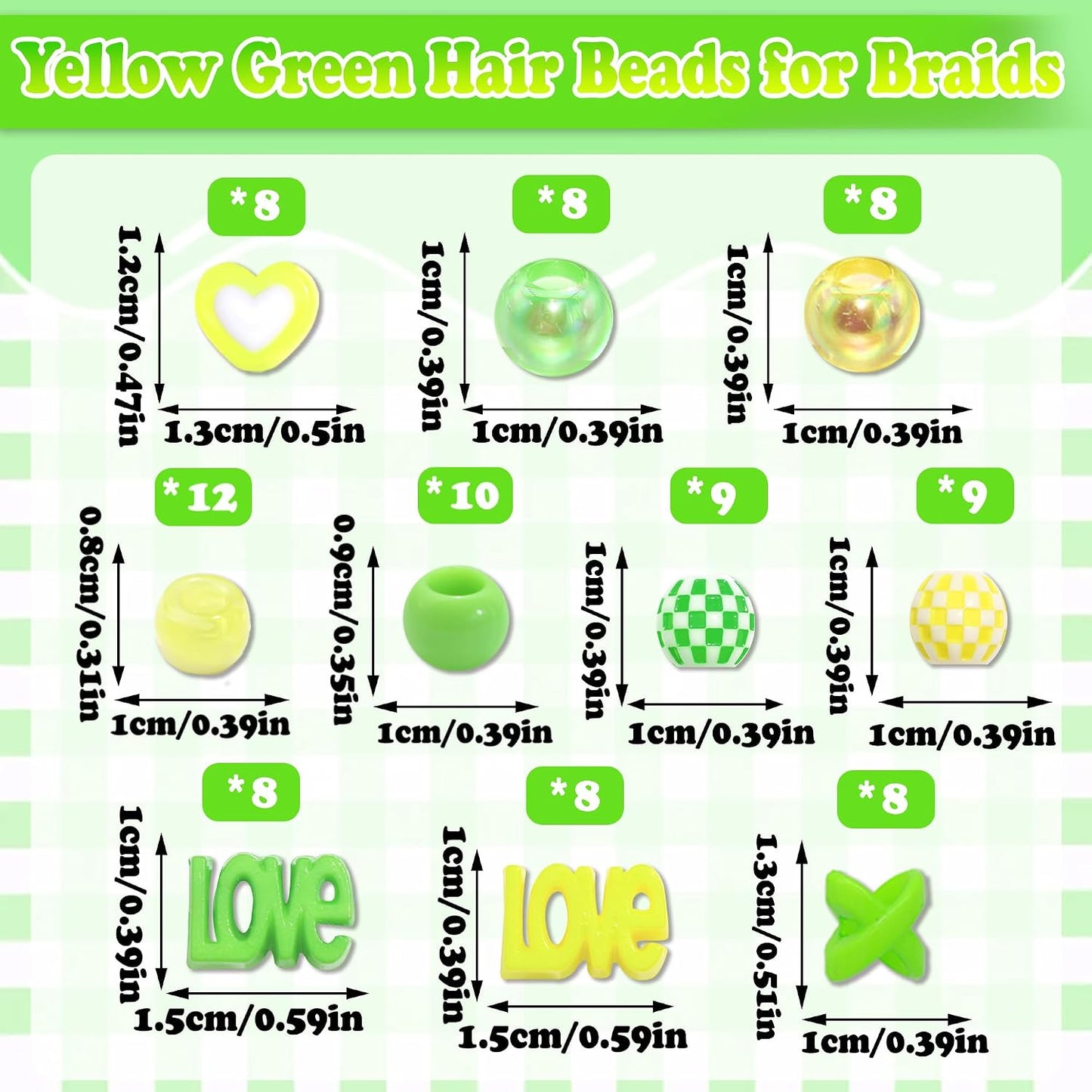 88PCS Green Yellow Hair Beads for Braids Assorted Beads for Hair | Cute Braids Bead,10 Styles Beads for Hair,Acrylic Round Pony Beads,Cute Girls Hair Beads,Loc Dreadlock Accessories for Girls
