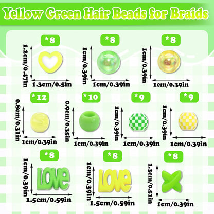 88PCS Green Yellow Hair Beads for Braids Assorted Beads for Hair | Cute Braids Bead,10 Styles Beads for Hair,Acrylic Round Pony Beads,Cute Girls Hair Beads,Loc Dreadlock Accessories for Girls
