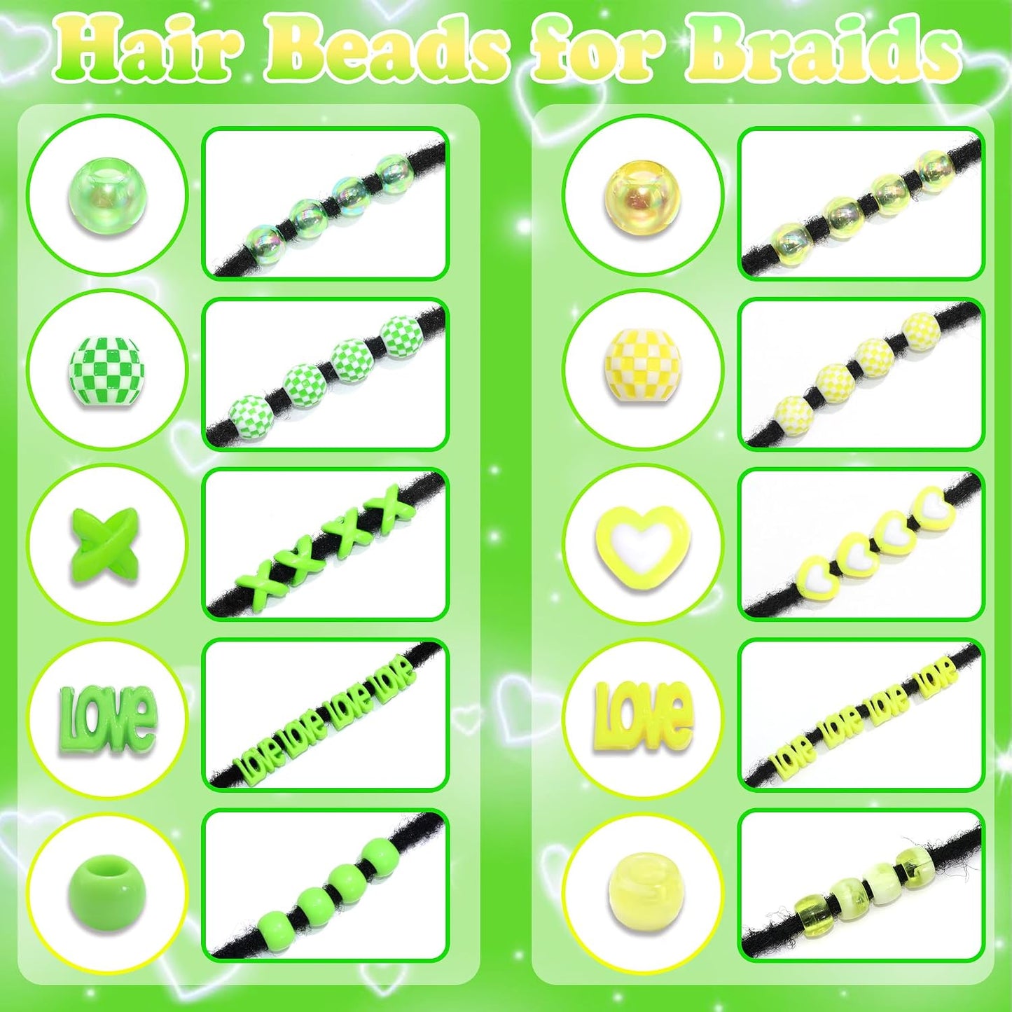 88PCS Green Yellow Hair Beads for Braids Assorted Beads for Hair | Cute Braids Bead,10 Styles Beads for Hair,Acrylic Round Pony Beads,Cute Girls Hair Beads,Loc Dreadlock Accessories for Girls