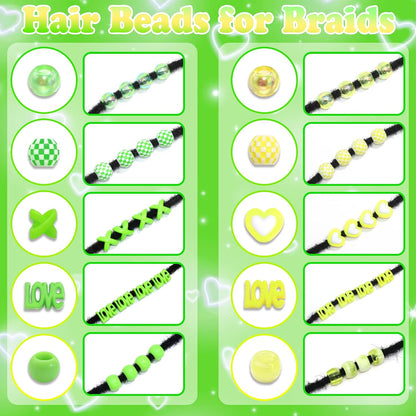 88PCS Green Yellow Hair Beads for Braids Assorted Beads for Hair | Cute Braids Bead,10 Styles Beads for Hair,Acrylic Round Pony Beads,Cute Girls Hair Beads,Loc Dreadlock Accessories for Girls
