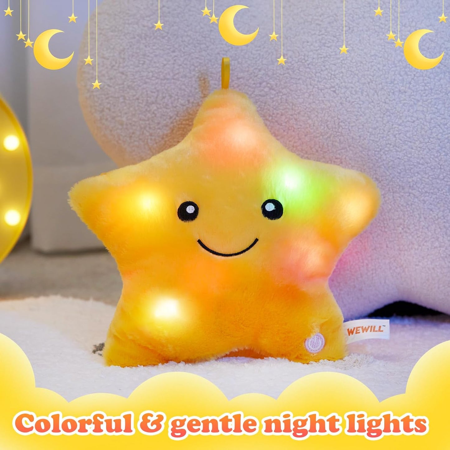 9'' LED Twinkle Star Soft Plush Pillow Toys Glowing Stuffed Star Light up Pillow Plush with Colorful Night Lights Birthday for Toddler Kids(Yellow)