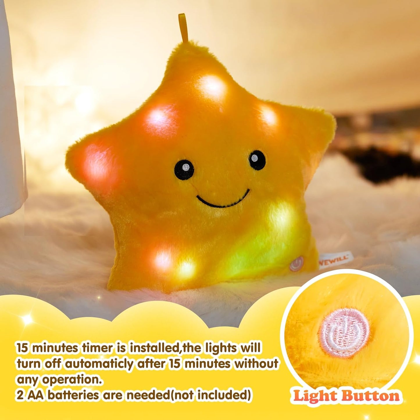 9'' LED Twinkle Star Soft Plush Pillow Toys Glowing Stuffed Star Light up Pillow Plush with Colorful Night Lights Birthday for Toddler Kids(Yellow)