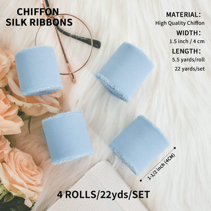 4 Rolls Silk Chiffon Ribbon, 1-1/2 Inch x 22yds, Cream Yellow Chiffon Ribbons, Handmade Fringe Silk Ribbon Frayed Edges for Gift Wrapping Bridal Bouquets Wedding Invitations Decoration Crafts