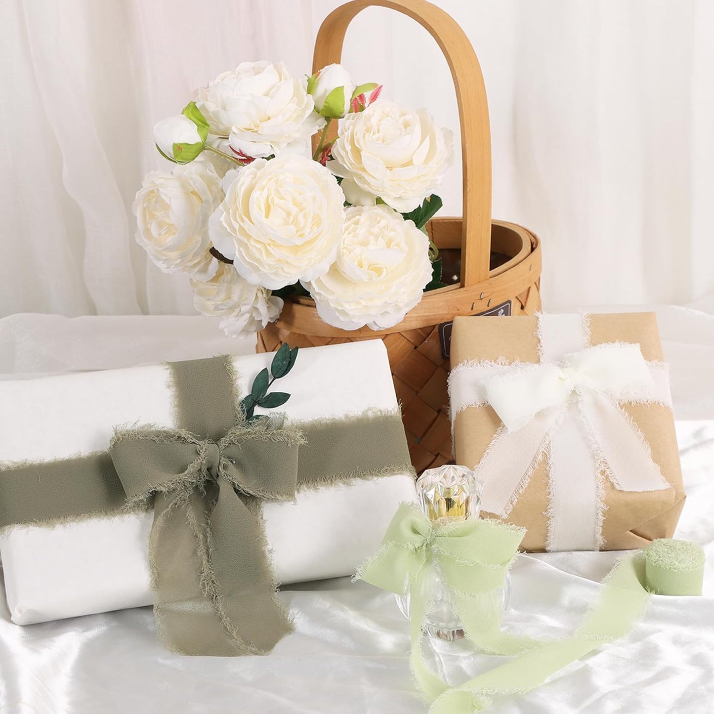 4 Rolls Silk Chiffon Ribbon, 1-1/2 Inch x 22yds, Cream Yellow Chiffon Ribbons, Handmade Fringe Silk Ribbon Frayed Edges for Gift Wrapping Bridal Bouquets Wedding Invitations Decoration Crafts