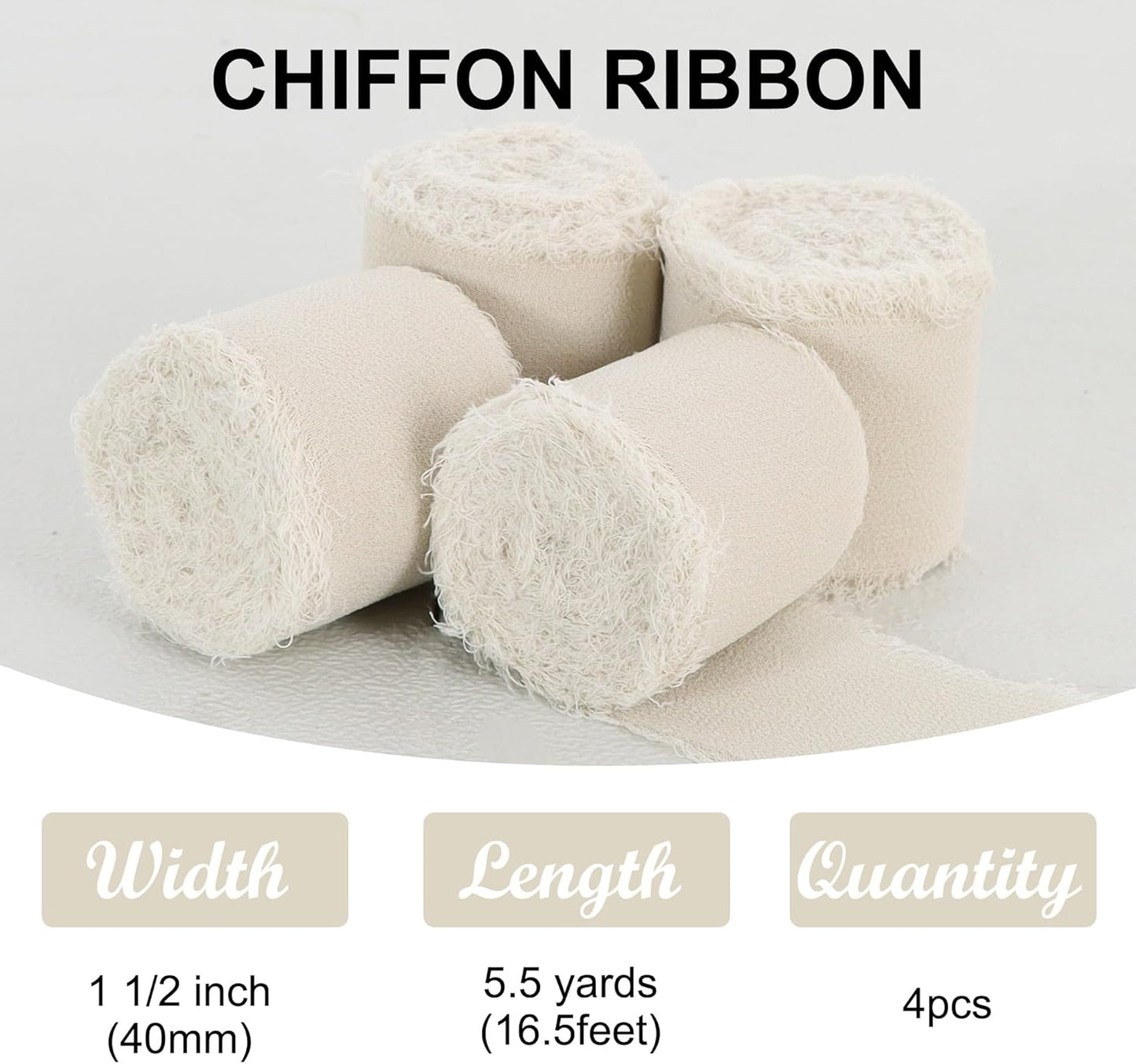 4 Rolls Silk Chiffon Ribbon, 1-1/2 Inch x 22yds, Cream Yellow Chiffon Ribbons, Handmade Fringe Silk Ribbon Frayed Edges for Gift Wrapping Bridal Bouquets Wedding Invitations Decoration Crafts