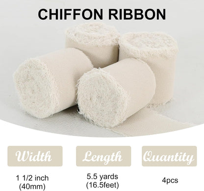 4 Rolls Silk Chiffon Ribbon, 1-1/2 Inch x 22yds, Cream Yellow Chiffon Ribbons, Handmade Fringe Silk Ribbon Frayed Edges for Gift Wrapping Bridal Bouquets Wedding Invitations Decoration Crafts