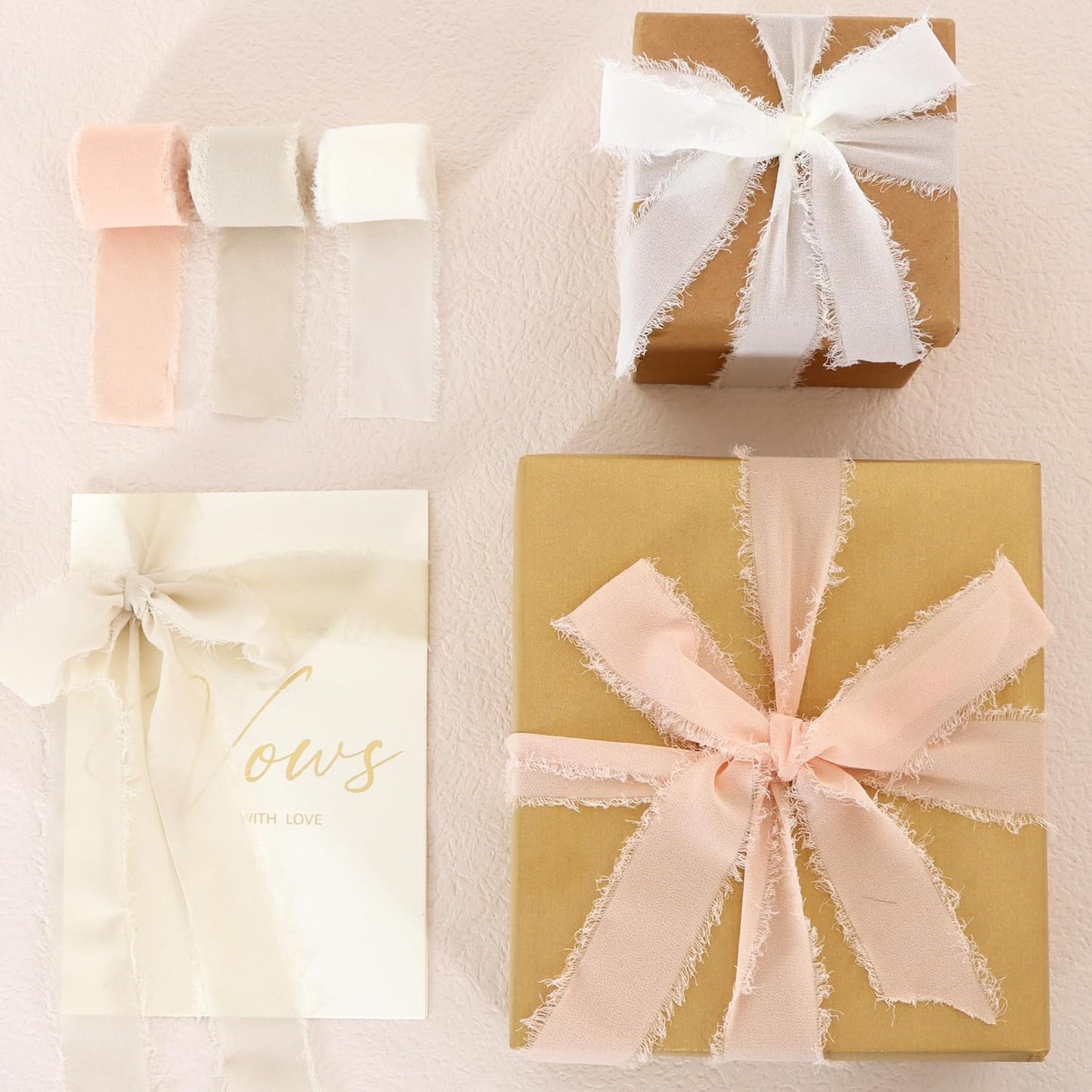 4 Rolls Silk Chiffon Ribbon, 1-1/2 Inch x 22yds, Cream Yellow Chiffon Ribbons, Handmade Fringe Silk Ribbon Frayed Edges for Gift Wrapping Bridal Bouquets Wedding Invitations Decoration Crafts