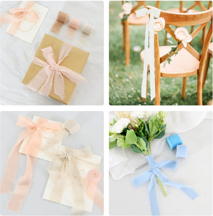 4 Rolls Silk Chiffon Ribbon, 1-1/2 Inch x 22yds, Cream Yellow Chiffon Ribbons, Handmade Fringe Silk Ribbon Frayed Edges for Gift Wrapping Bridal Bouquets Wedding Invitations Decoration Crafts