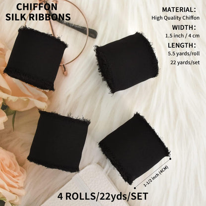 4 Rolls Silk Chiffon Ribbon, 1-1/2 Inch x 22yds, Cream Yellow Chiffon Ribbons, Handmade Fringe Silk Ribbon Frayed Edges for Gift Wrapping Bridal Bouquets Wedding Invitations Decoration Crafts